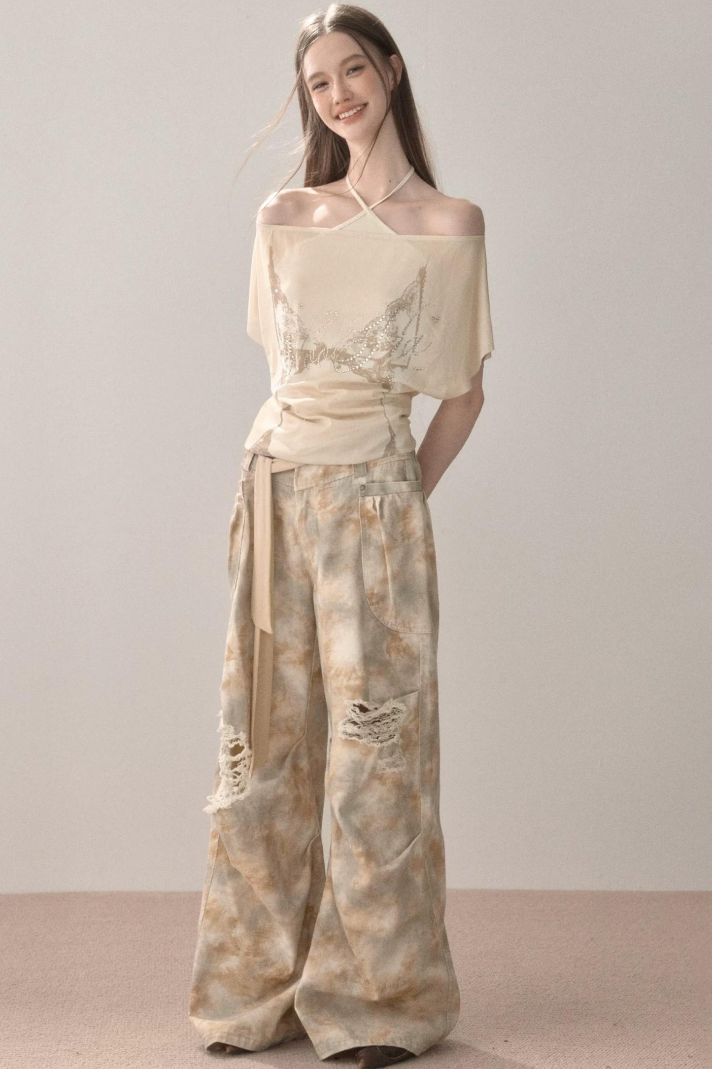 Gradient Wide-Leg Ripped Pants