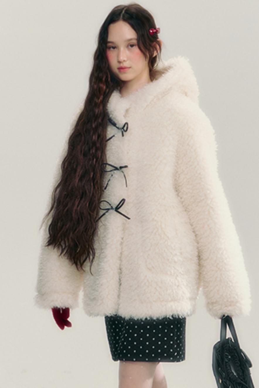 Beige Hooded Eco Fur Short Jacket