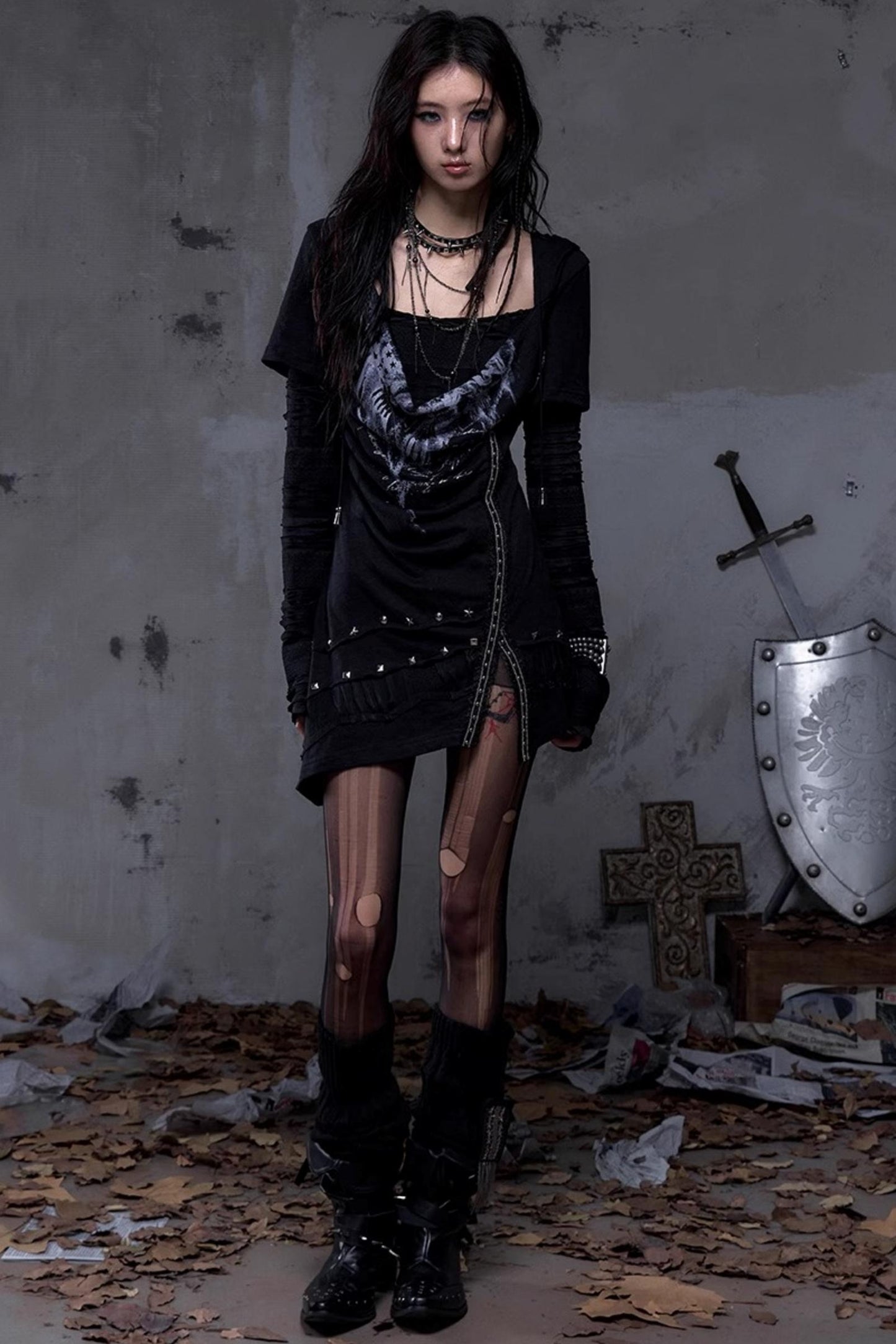 Rock Swing Collar Print Long Sleeve Dress