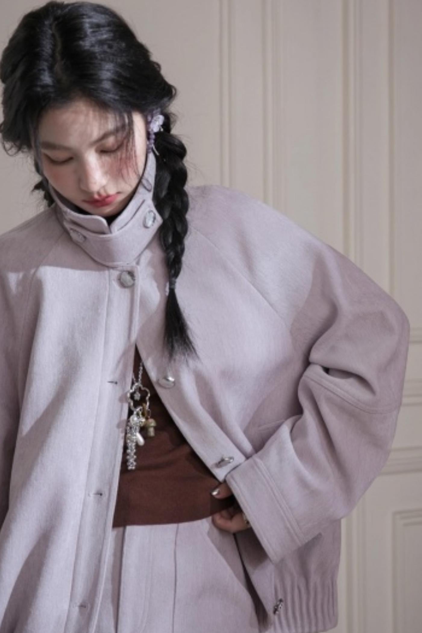 Velvet Purple Stand-Up Collar Jacket Set-Up