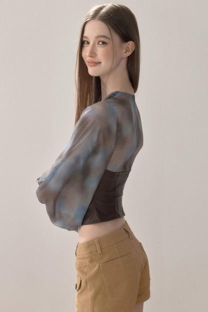 Waist-Cinching Printed Chiffon Shirt