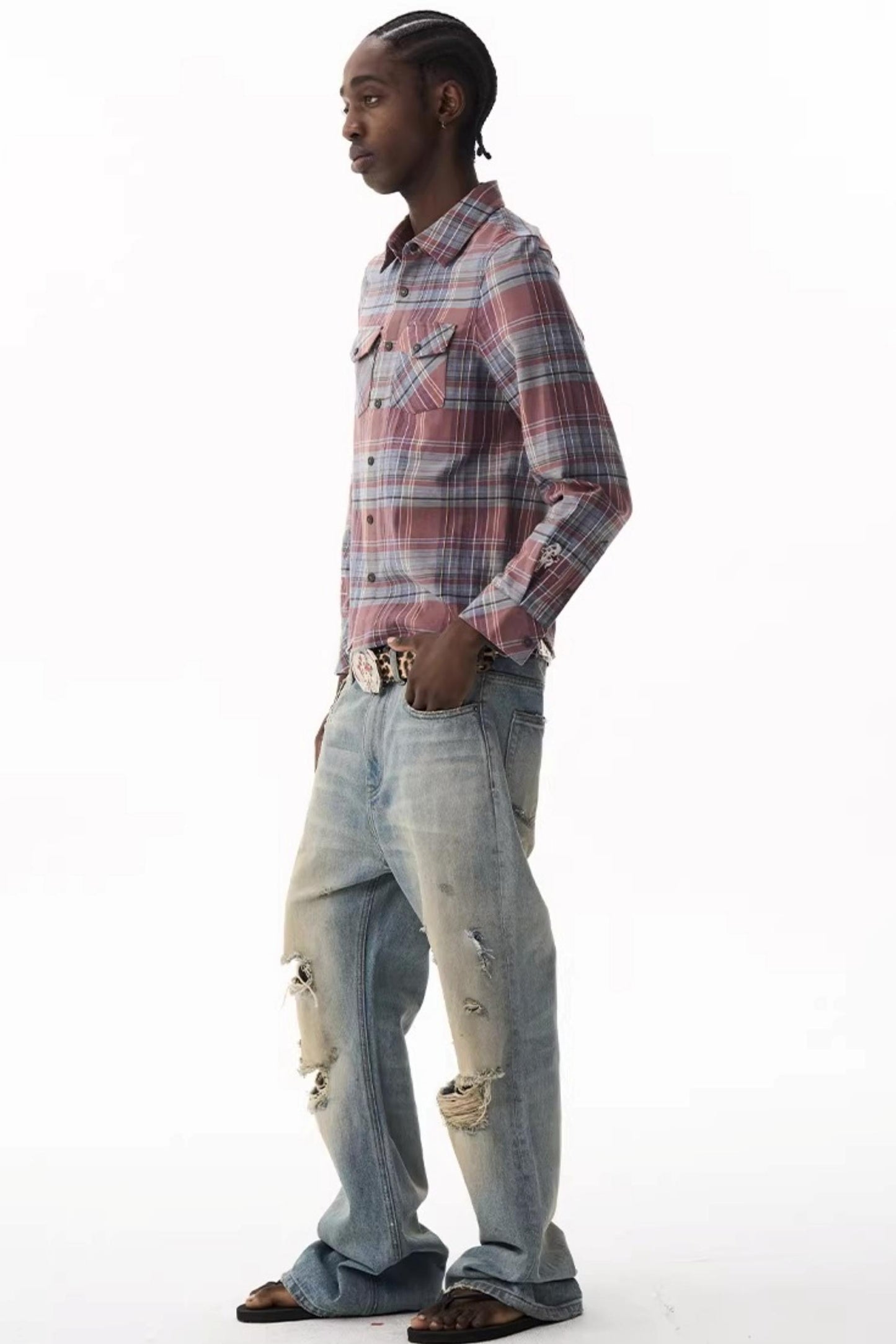 Exitmode Short Plaid Embroidered Shirt