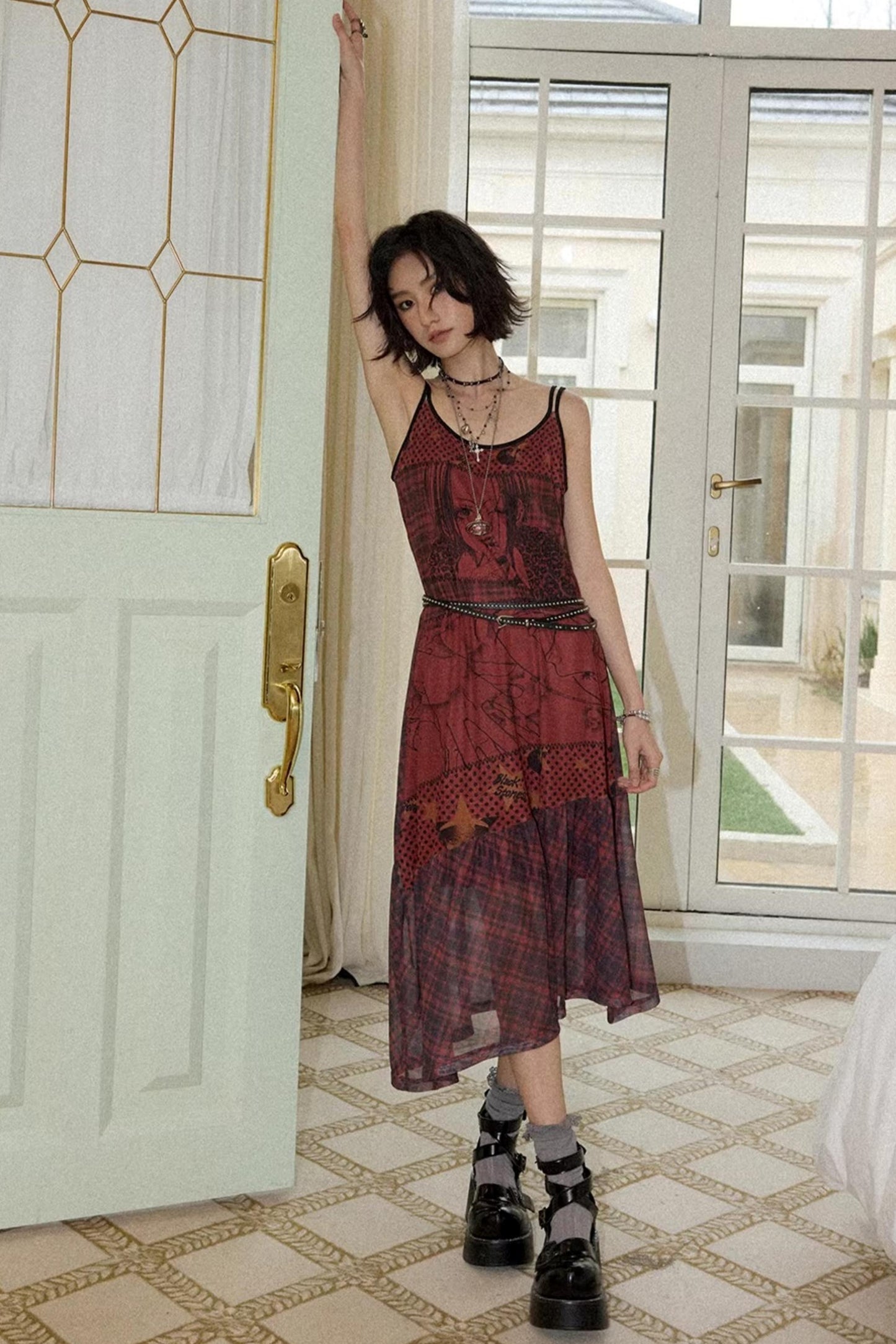 Red Printed Strap Dress
