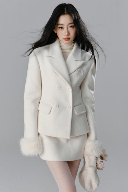 Fur Collar Blazer & Skirt Set-Up