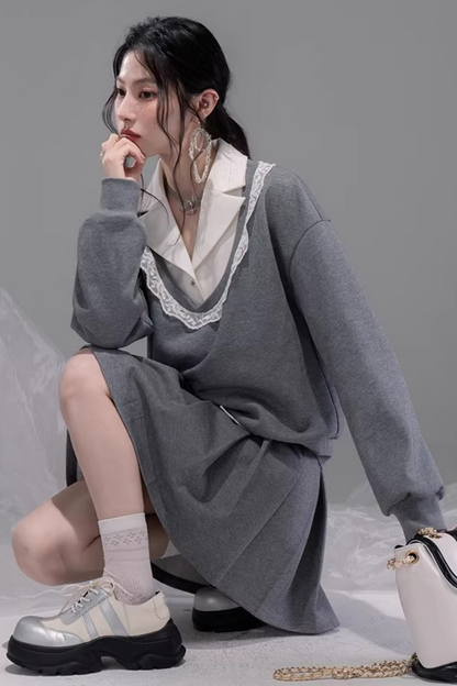 Chenwu Gray Pleated Skirt Sweatshirt Set