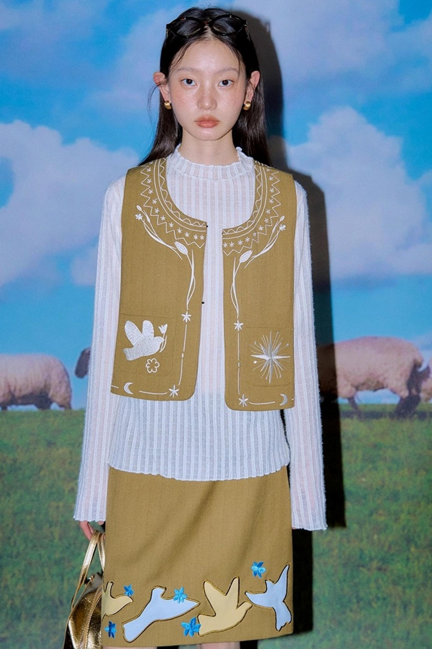 Bright Star Vintage Bird Embroidery Wool Jacket Set-Up