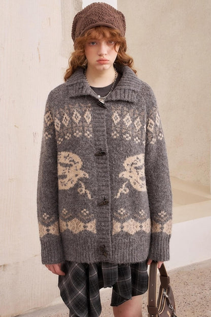 Bird Horn Buckle Loose Warm Cardigan