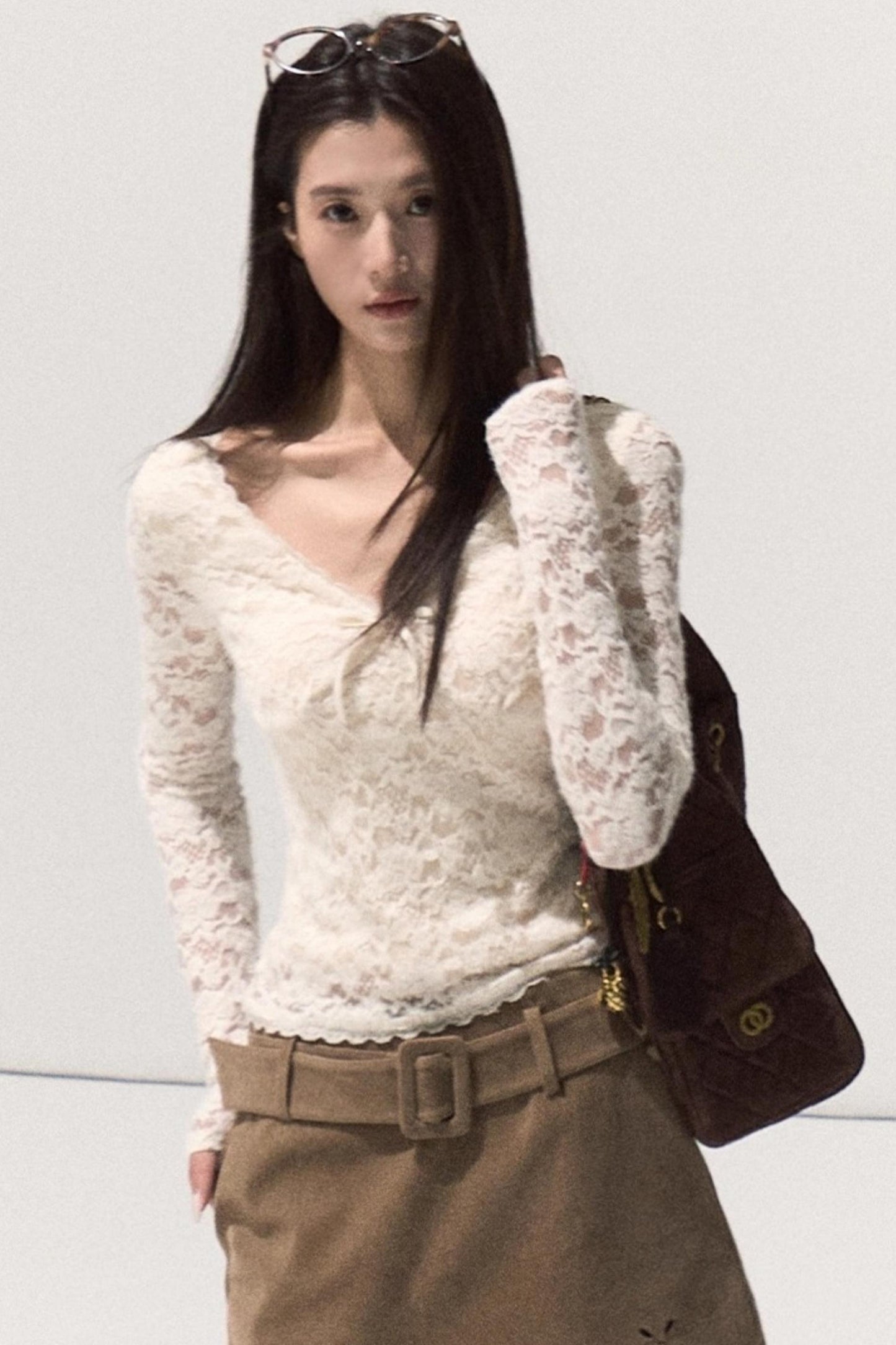 V-Neck Lace Knit Sweater