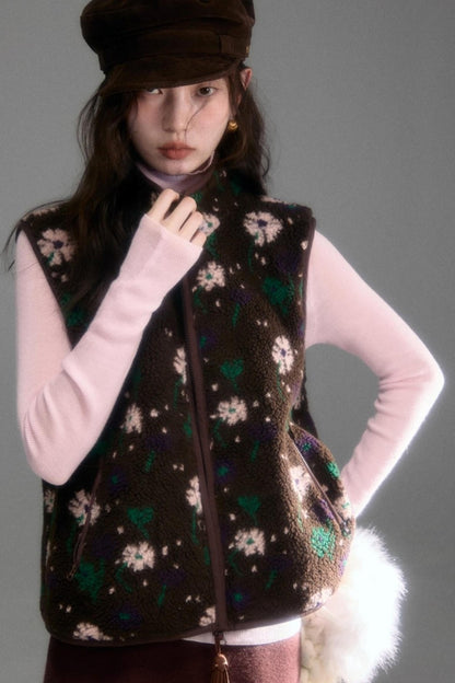 Floral Faux Lamb Wool Vest Jacket Set-Up