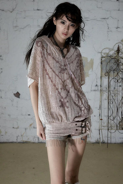 Punk Ripped Knit Hooded Blouse