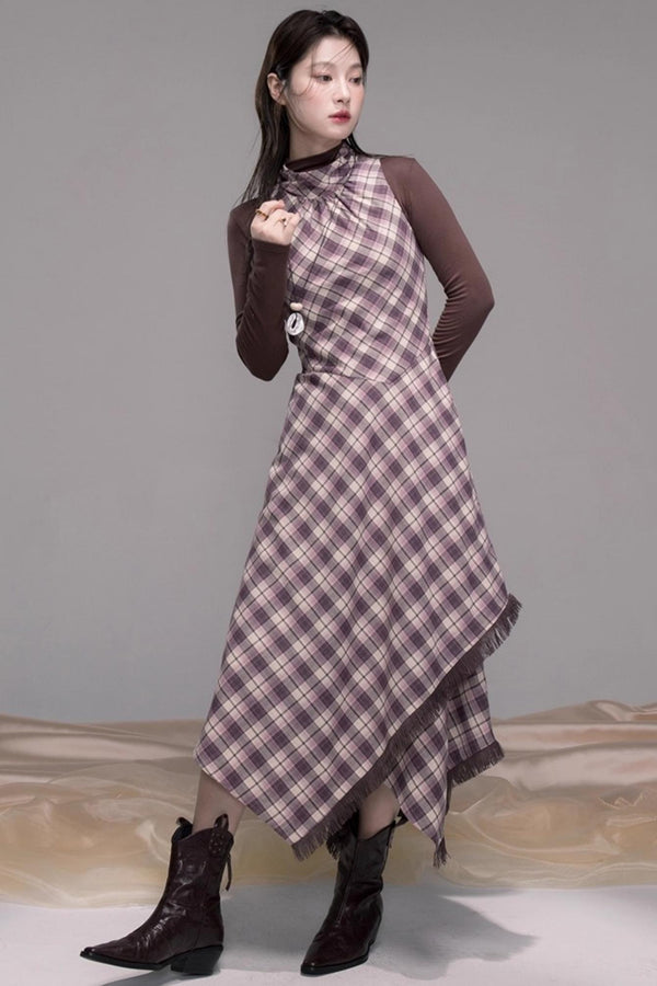 Night Purple Plaid Fringe Dress