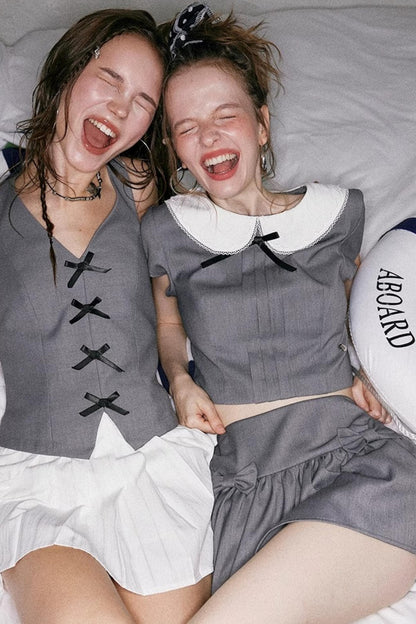 Gray Bowknot Halter Skirt Set-Up