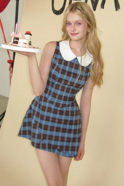 Blue Plaid Sleeveless Dress