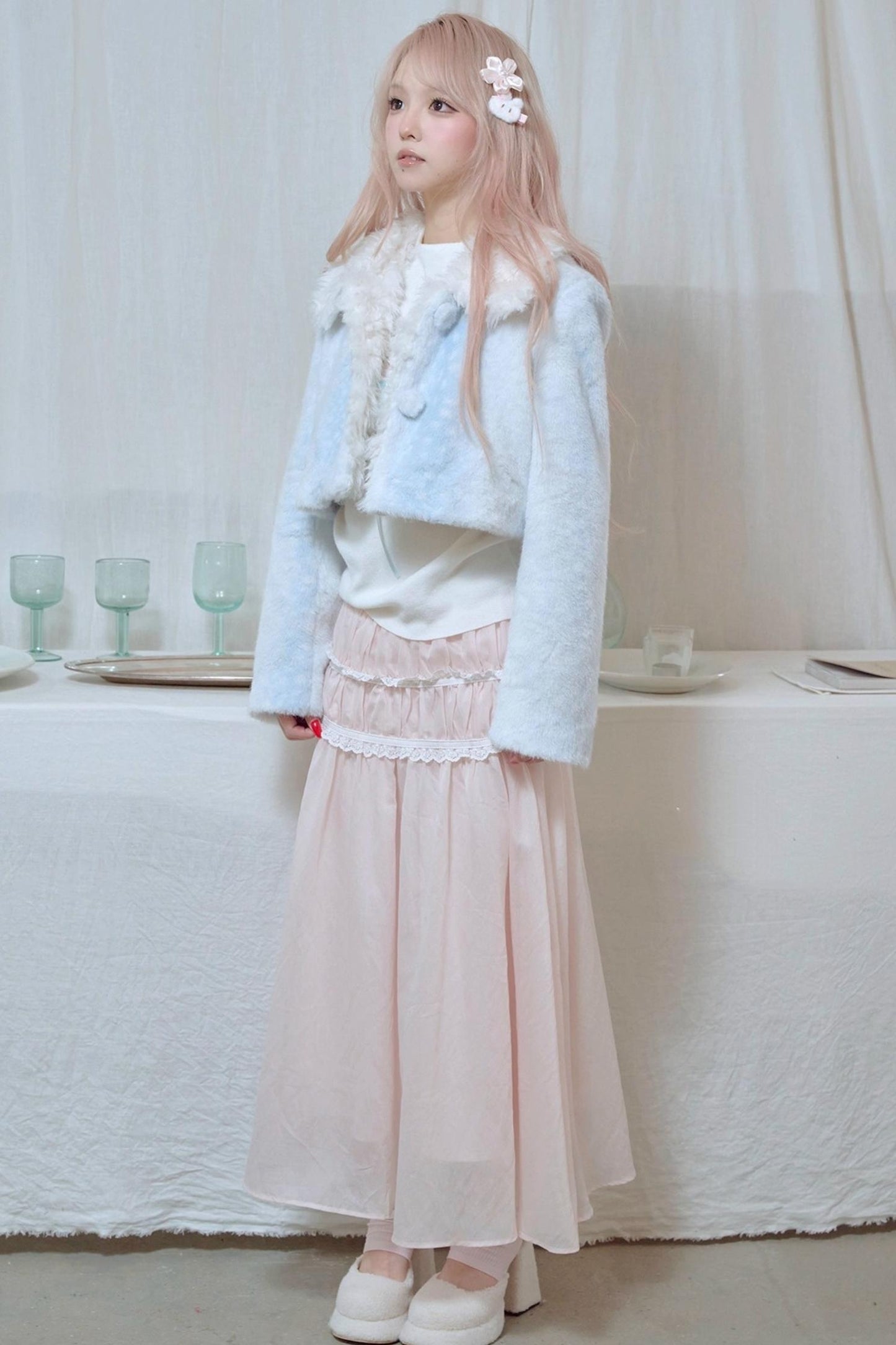 Lace Pleated Panel Pink Long Skirt