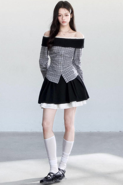 Plaid Off-Shoulder Slim Fit Shirt