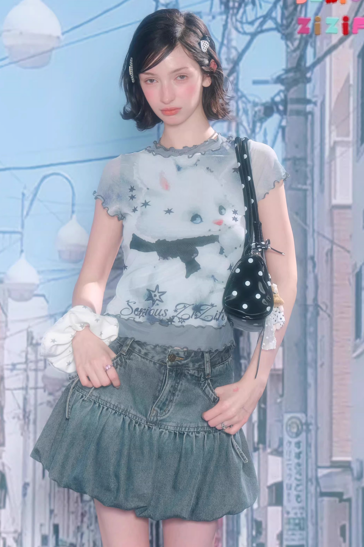 Mesh Plaid Cat Print Top