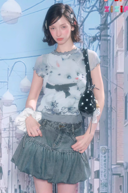 Mesh Plaid Cat Print Top