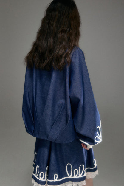 Vintage Embroidery Denim Cardigan Pants Set-Up