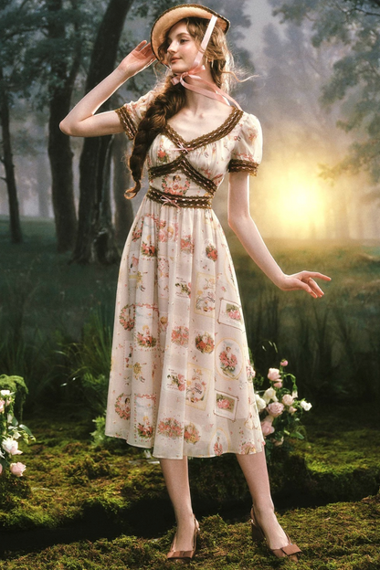 French Retro Lace Print Dress