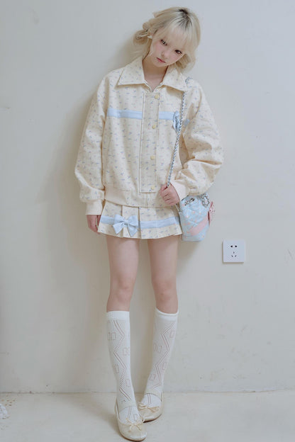 Beige Floral Blue Bow Jacket Set-Up