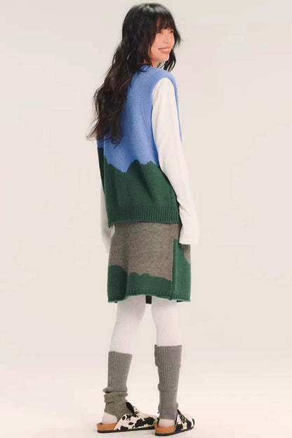 Color-Block Wool Knitted Skirt