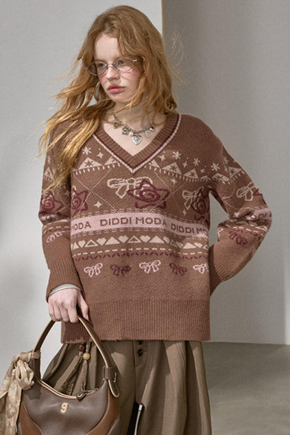 Fair Isle Bow Knit Top