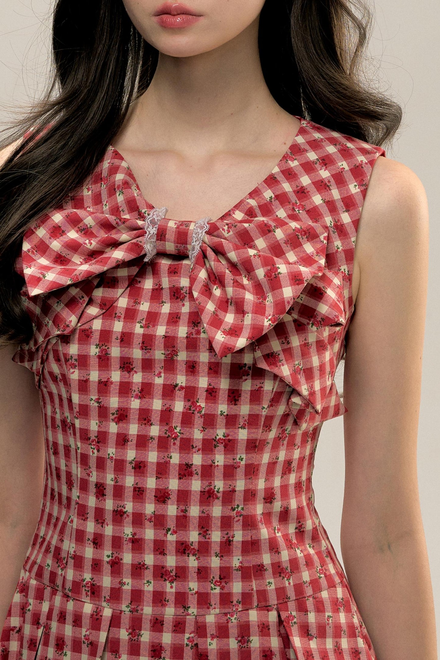 Red Check Floral Bow Vest Dress