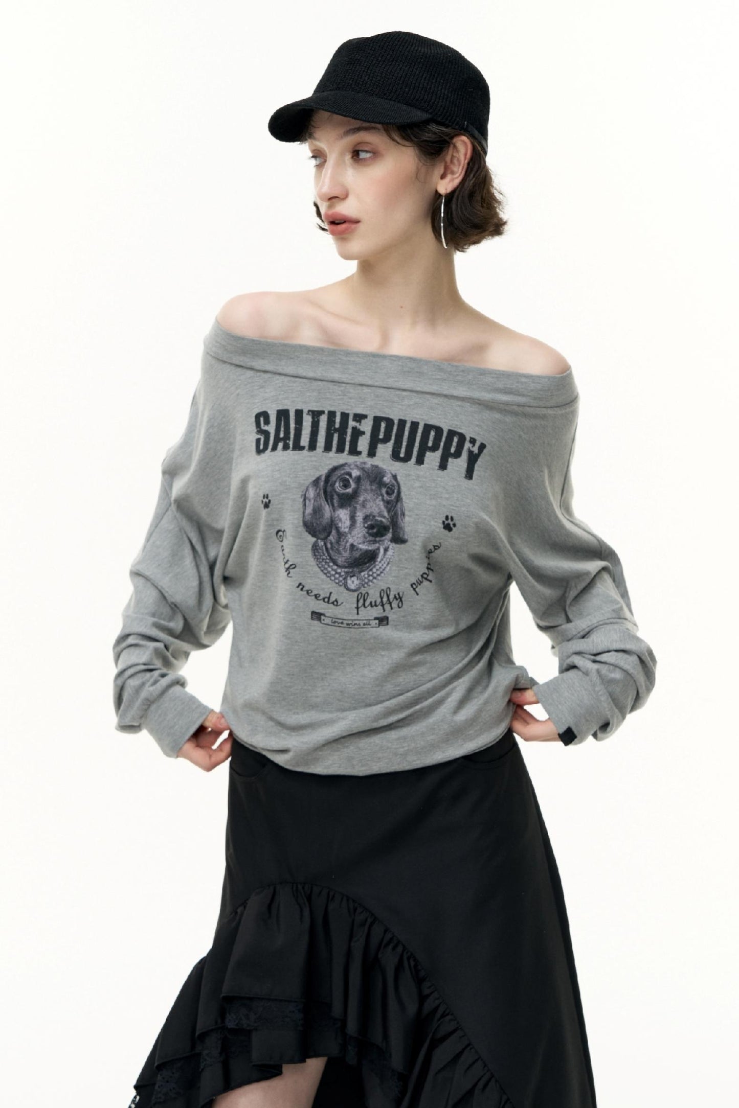Puppy Print Slanted Shoulder T-Shirt