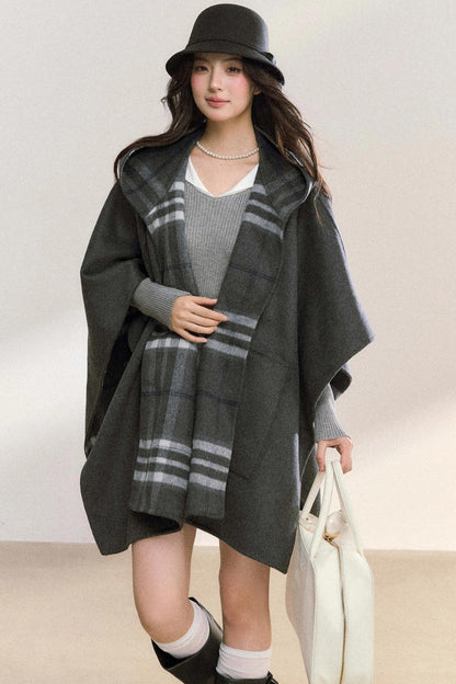 Gray Plaid Reversible Wool Cape Coat