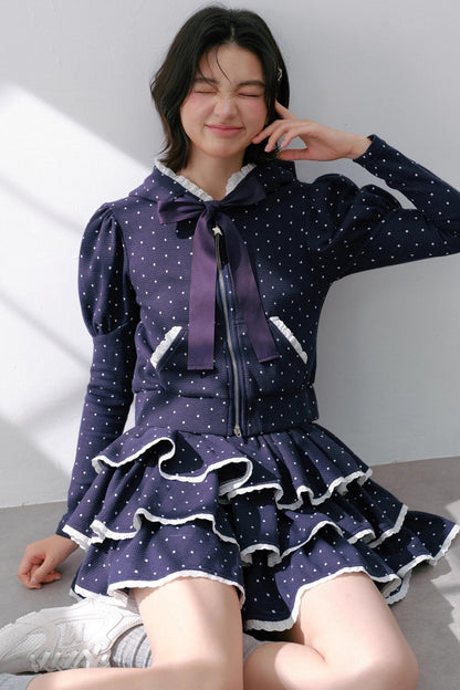 Navy Polka Dot Hooded Tracksuit Set-Up