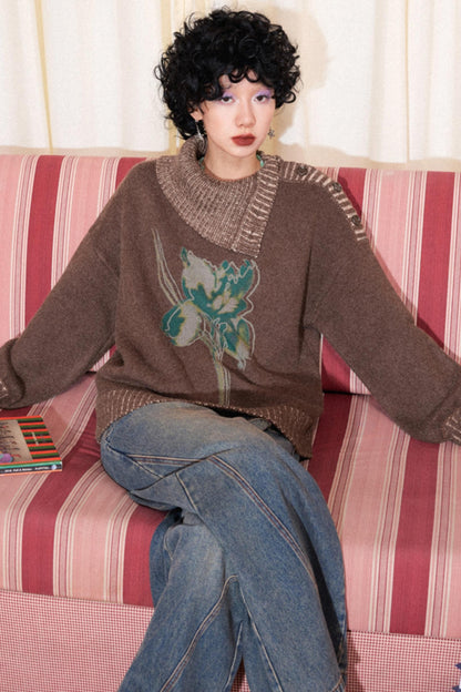 Retro Lapel Print Pullover Sweater