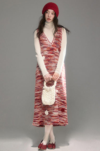 Red Vintage Crochet V-Neck Vest Dress