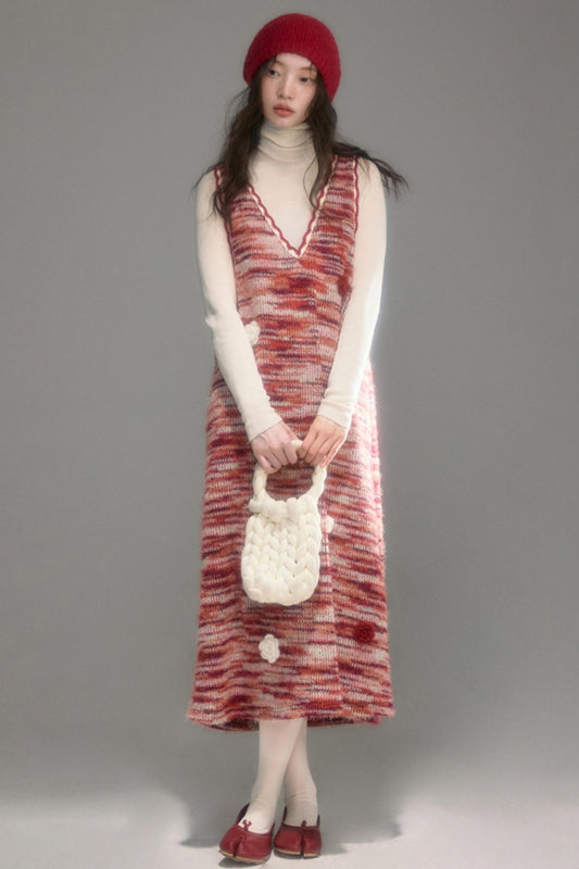 Red Vintage Crochet V-Neck Vest Dress