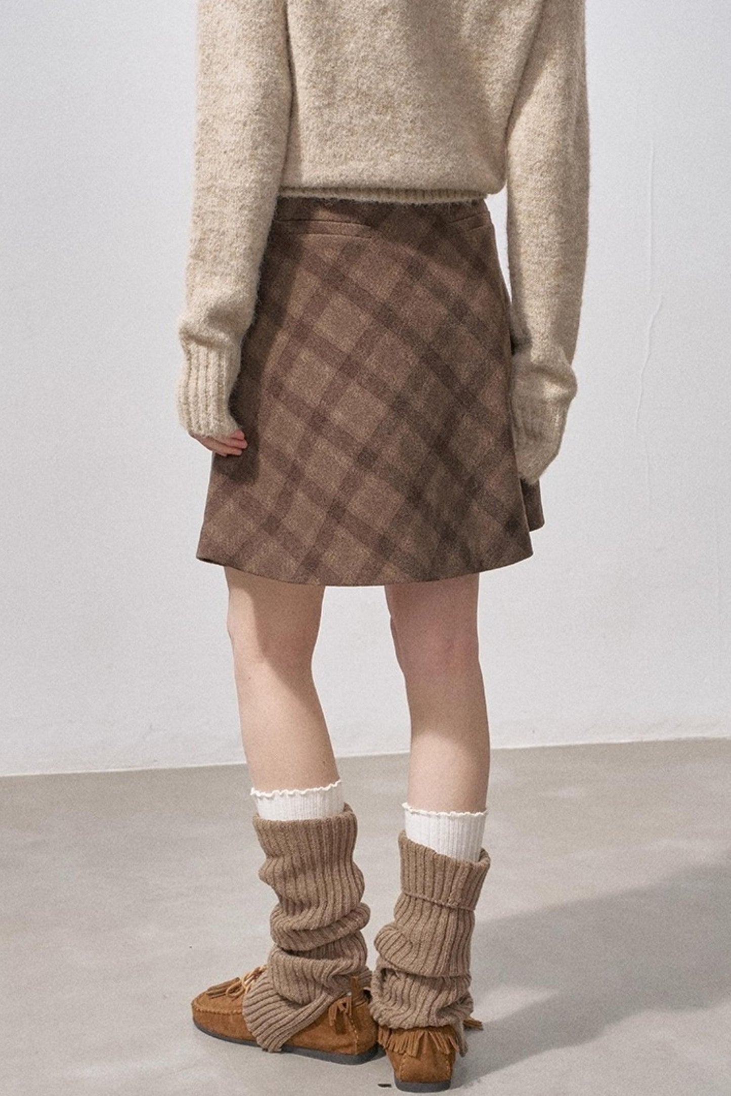 Split Wool Plaid A-Line Skirt
