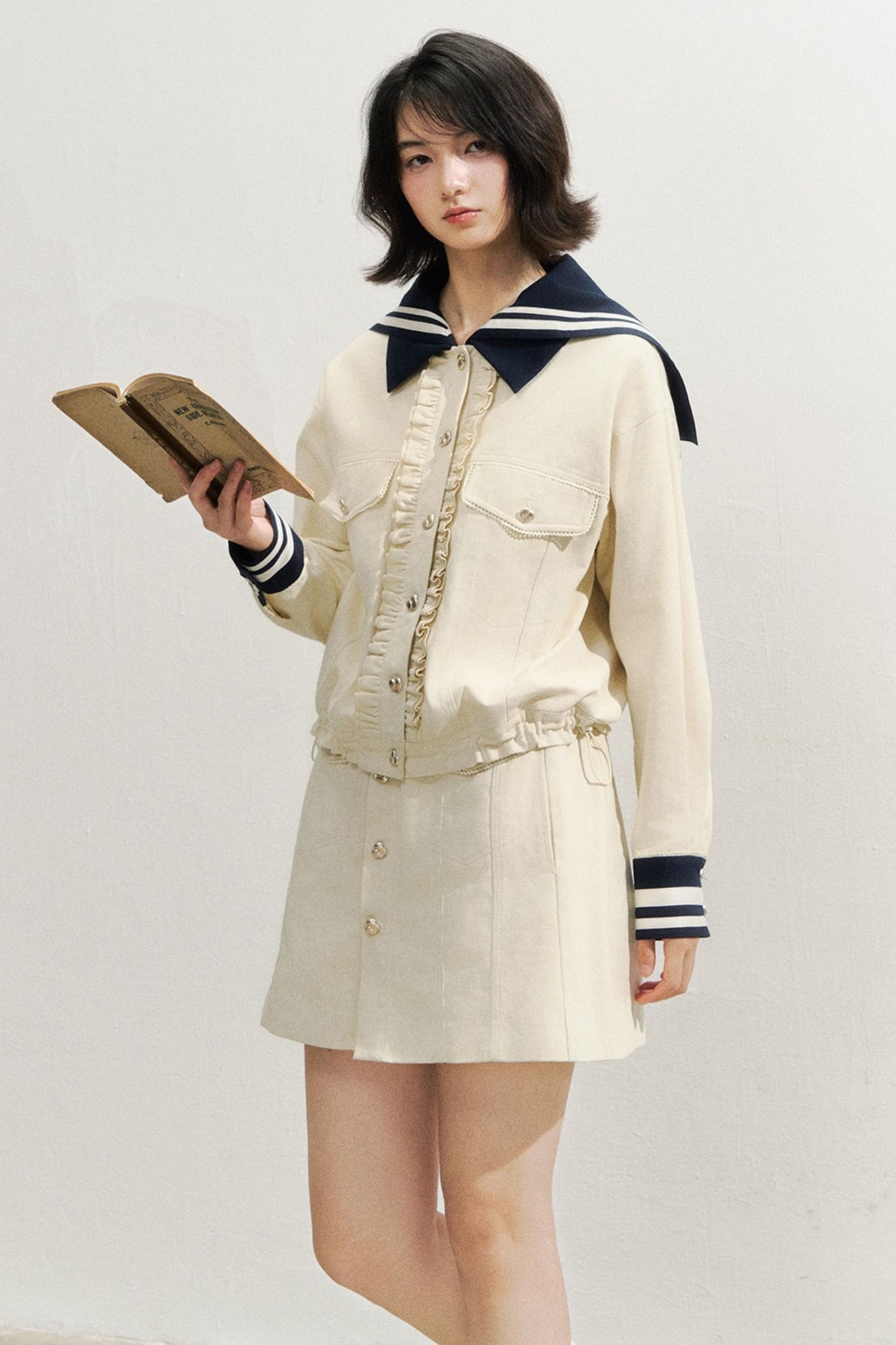 Beige Navy Collar Jacket Set-Up