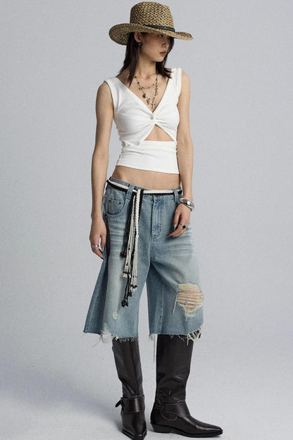 Black And White V-Neck Twisted Cut-Out Slim Vest