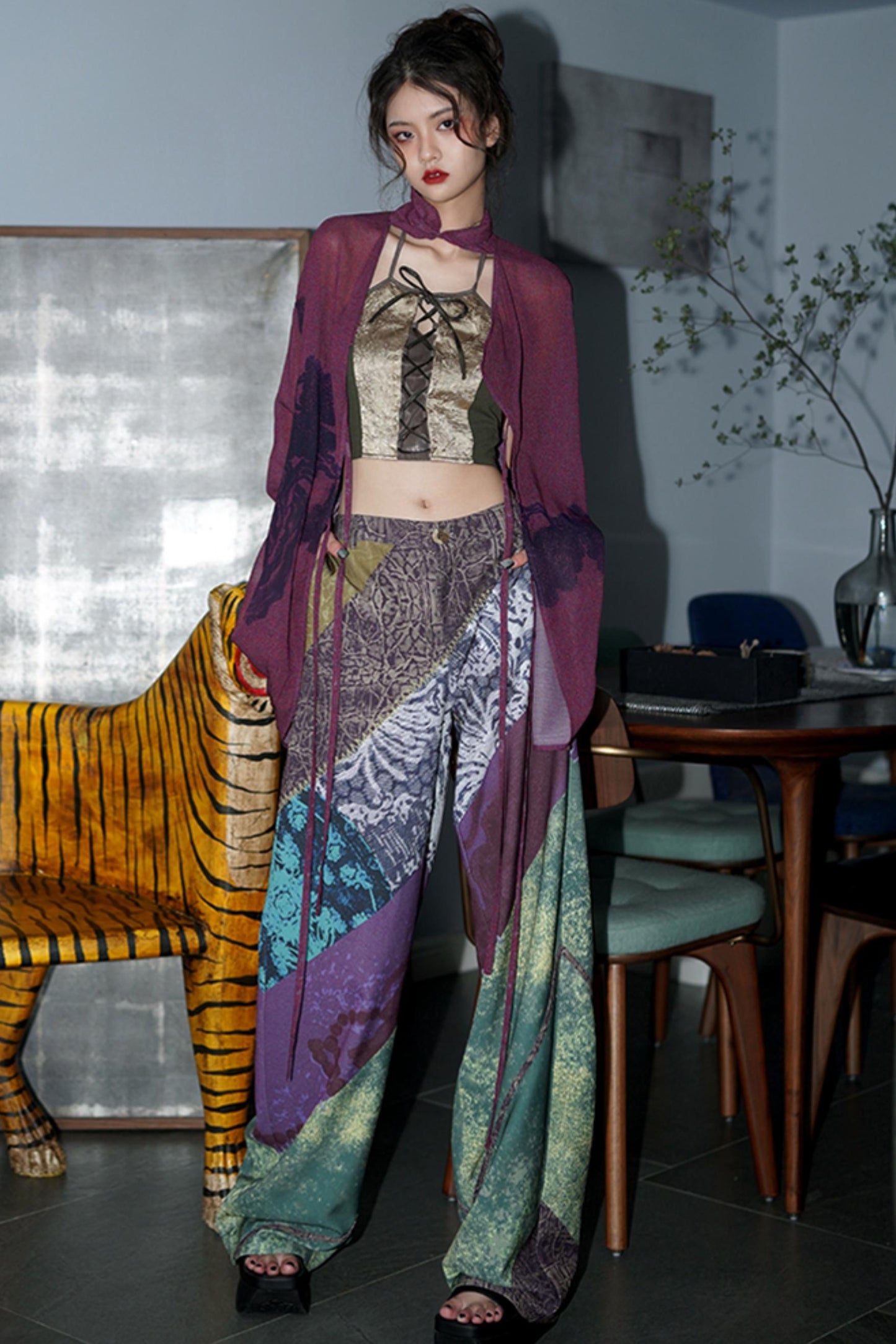 Retro Print Wide Leg Pants