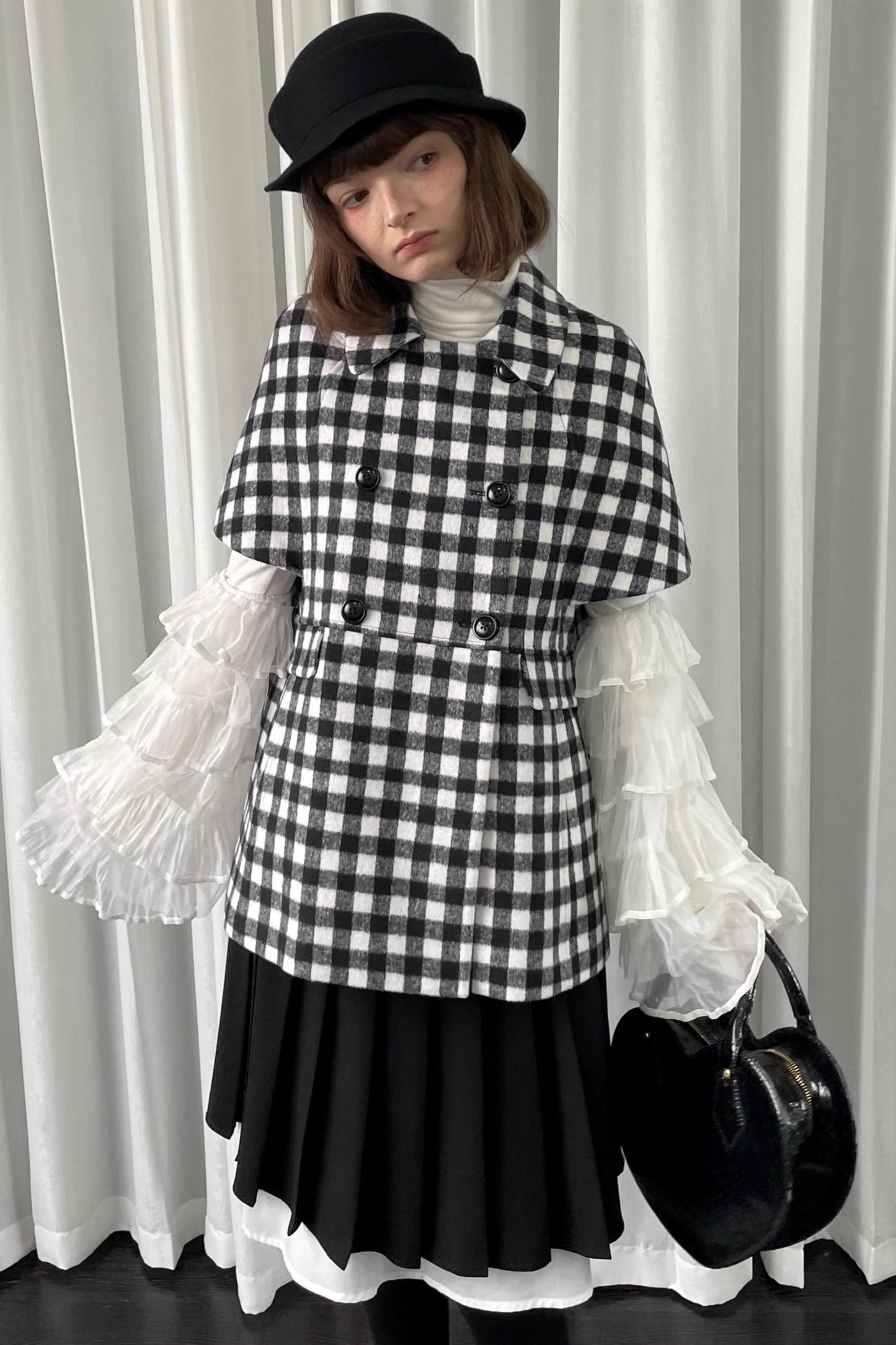 Black Plaid Lapel Woolen Coat