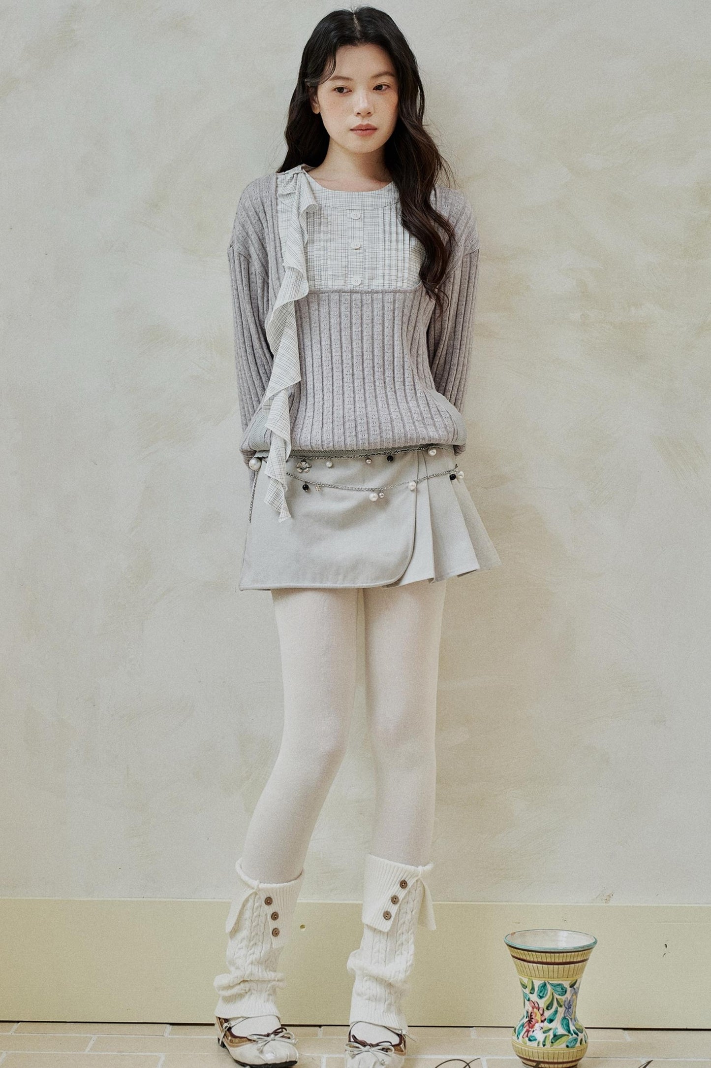 Gray Patchwork Ruffled Knitted Top