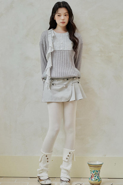 Gray Patchwork Ruffled Knitted Top