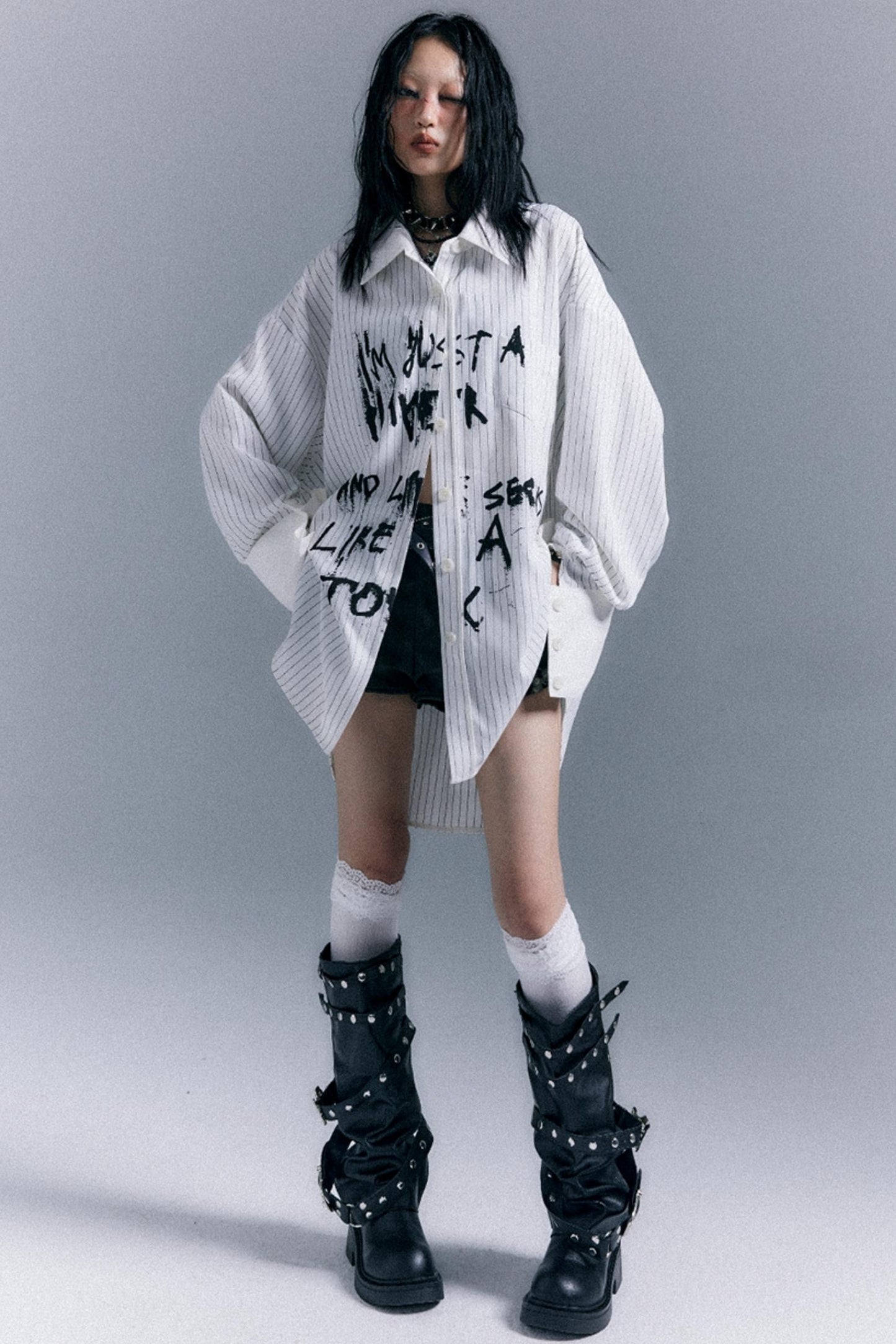 Graffiti Print Striped Long-Sleeved Shirt