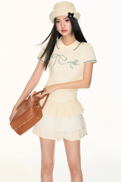 Bow Logo Lapel Knit Sweater