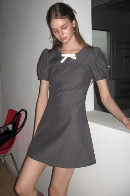 Detachable Bow Bubble Short Sleeve Dress