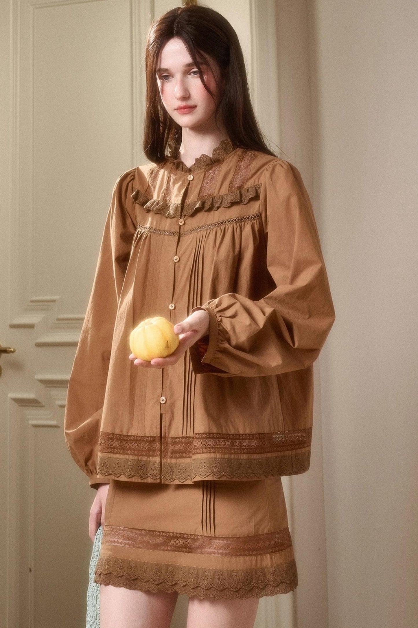 Cotton Lace Shirt With Skirt Set-Up