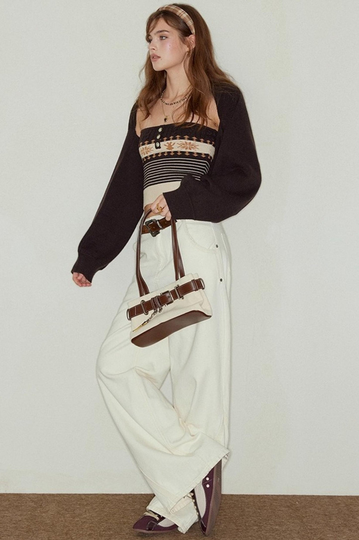 Cropped Knit Cam Shoulder Cardigan Set-Up