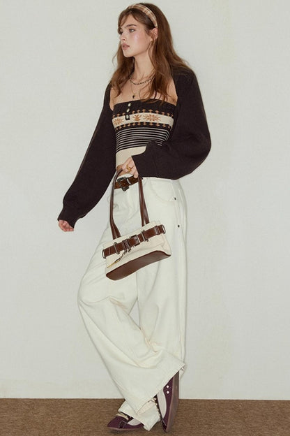 Cropped Knit Cam Shoulder Cardigan Set-Up