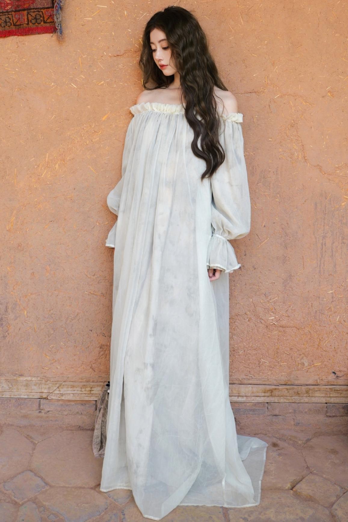 French Romantic Lace Neck Long Dress