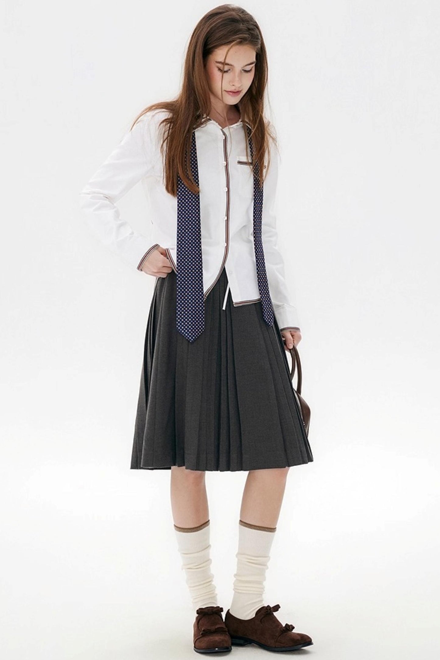 Gray Wool Blend Pleated Skirt