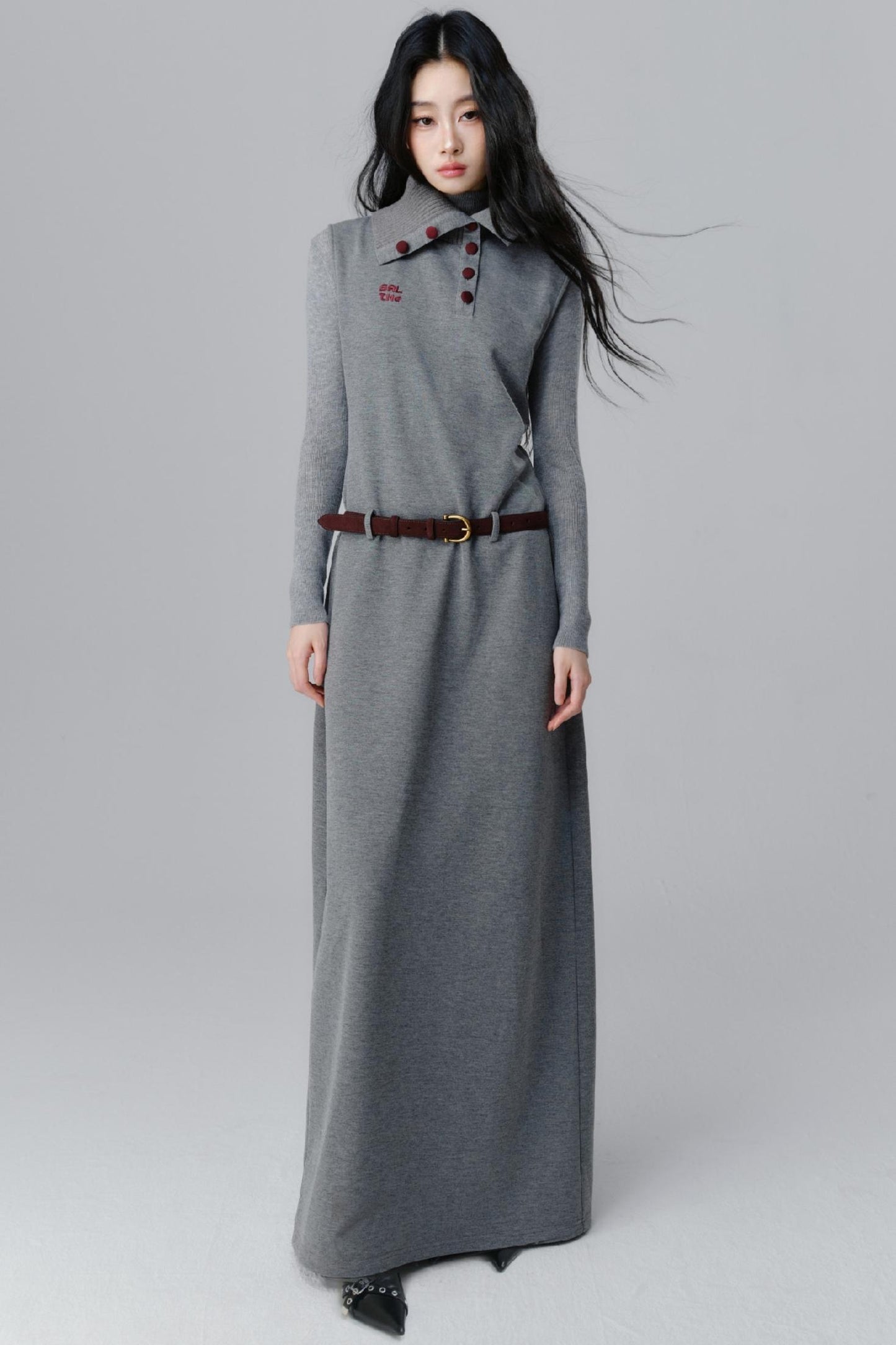 Polo Neck Gray Long Dress Set-up