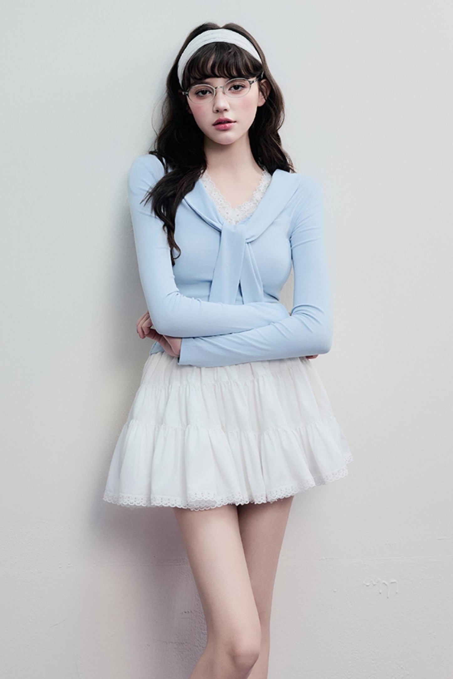 Korean Lace Trim Tie Neck Sweater